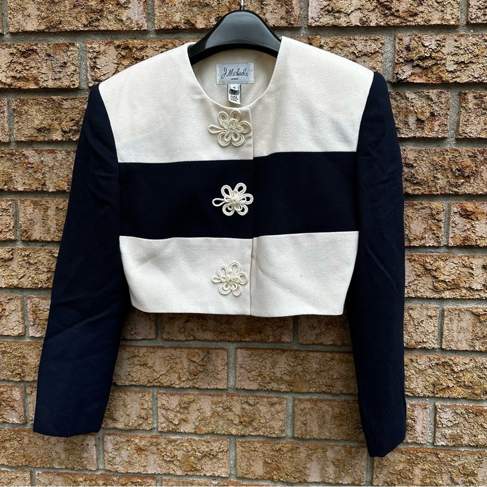 Vintage J.Michaels colour block blue/white pure wool cropped blazer size 4